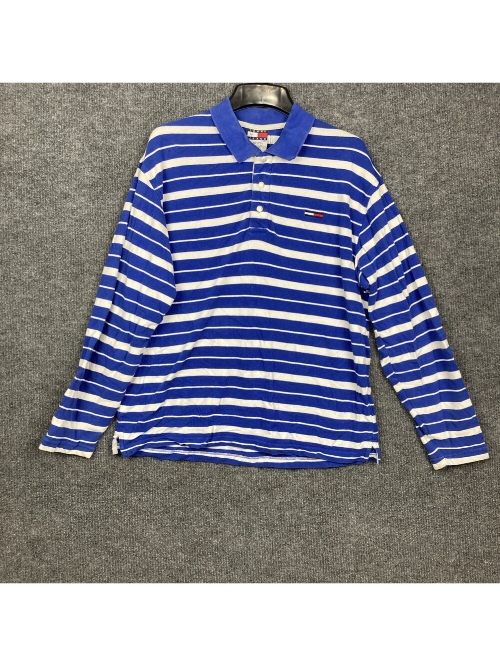 Vtg Tommy Hilfiger Men Large Blue Striped Snap Pullover Logo L/S Cotton Shirt